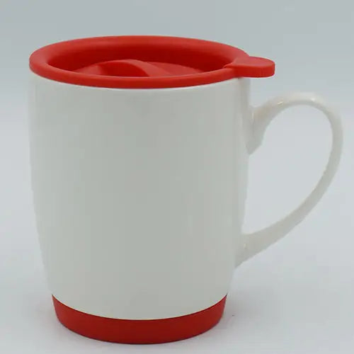 White Bone China Mug with Red Lid and Base - simple